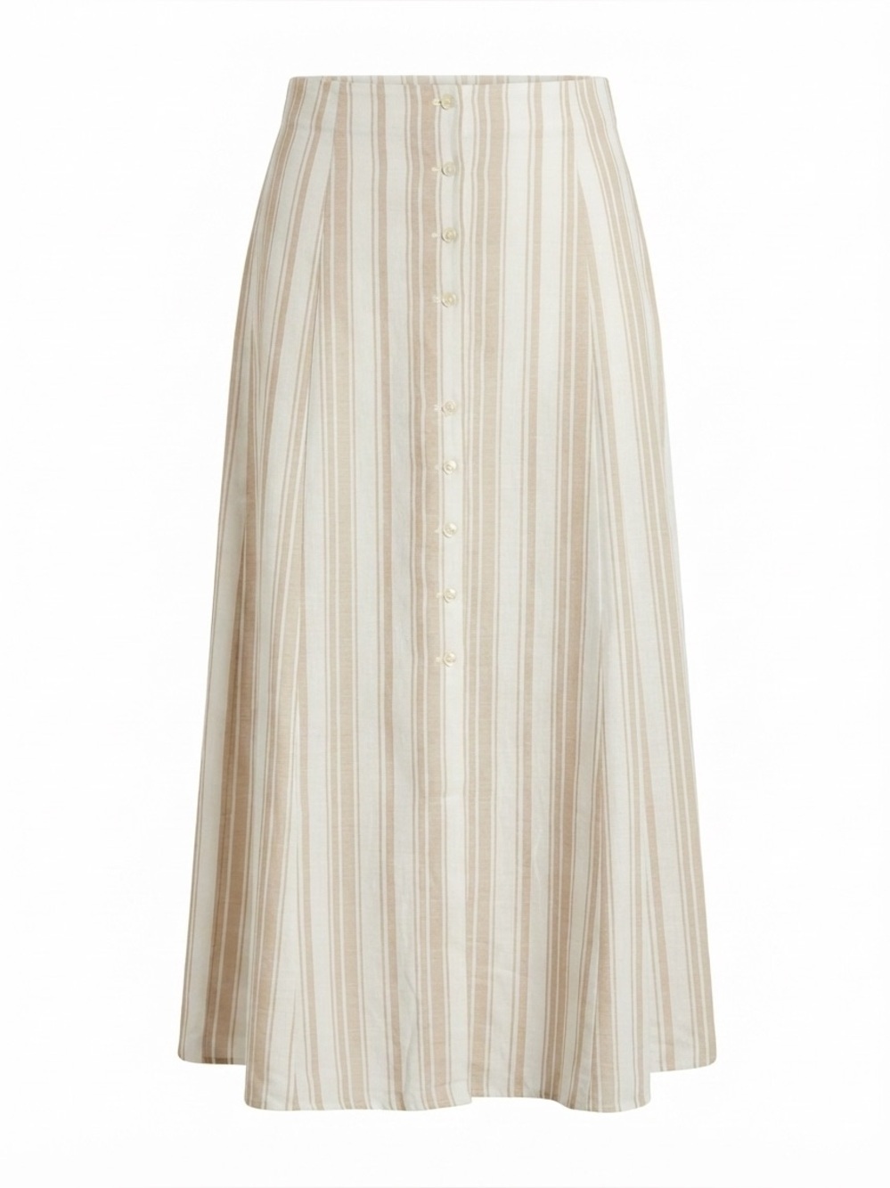 LOFT Beige and White Striped Button-Front Midi Skirt